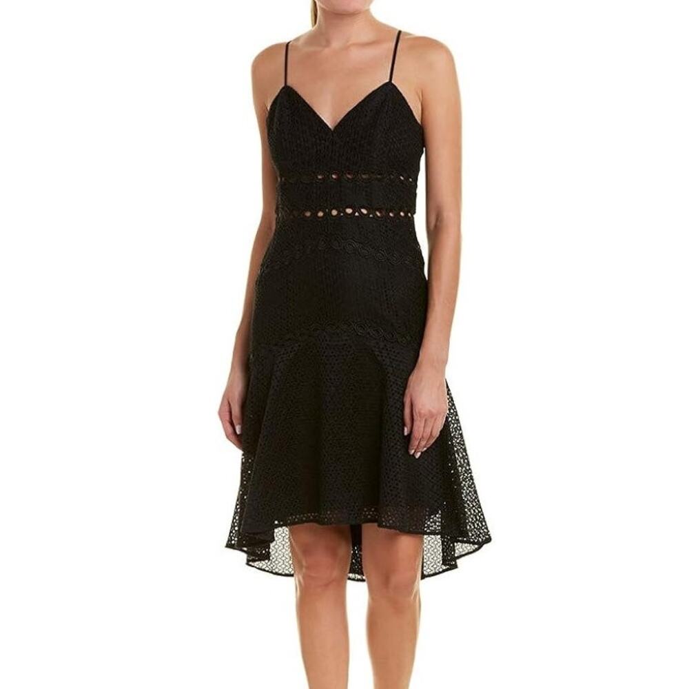 Bardot Ariana Dress 6 Black Eyelet Fit & Flare High Low V-Neck Lace Tiered New